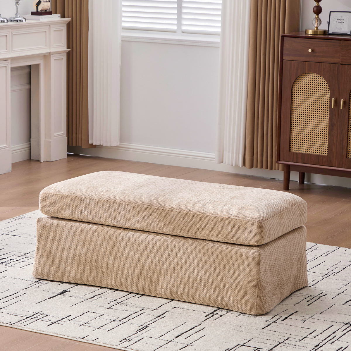 43.7' Wide Modern Upholstered Chenille Ottoman, Foot Stool Square Footrest with Black Metal Legs for Living Room Bedroom Entryway and Office, Wheat