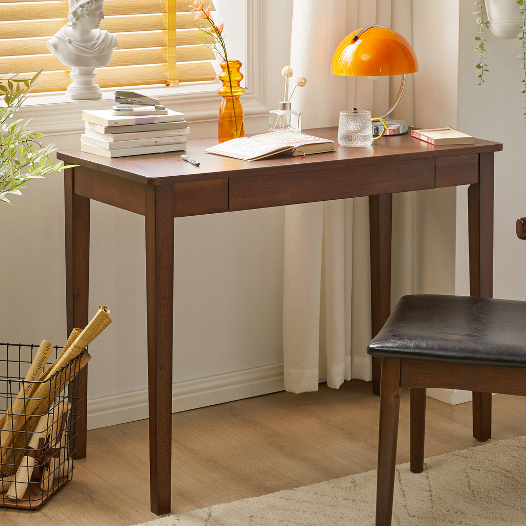Small Solid Wood Desk with Storage Drawer, Minimalist Vintage Computer Work Table, Compact Home Office Writing Desk for Bedroom & Small Spaces, Walnut Brown