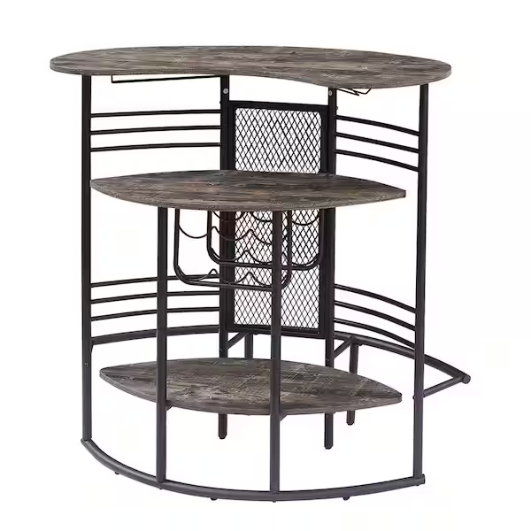 Oval Bar Table with Wood Counter Top and Wine Rack Storage, Wine Bakers Rack for Dining Room, Brown