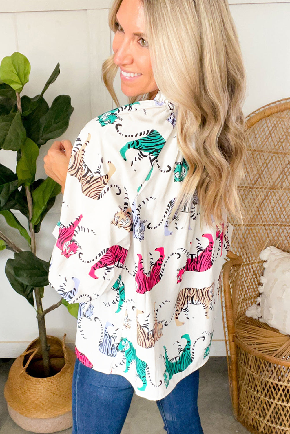 White Colorful Tiger Print Lantern Sleeve Blouse - Eloy Royal