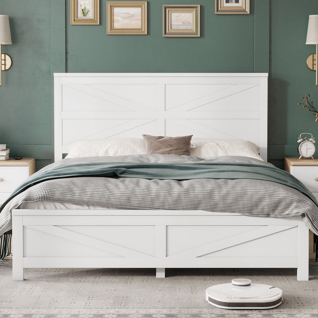 Farmhouse Style Queen Size Bed with Barn Door Designed Headboard and Footboard,  Pinewood Bed with Strengthened Bed Frame ,White