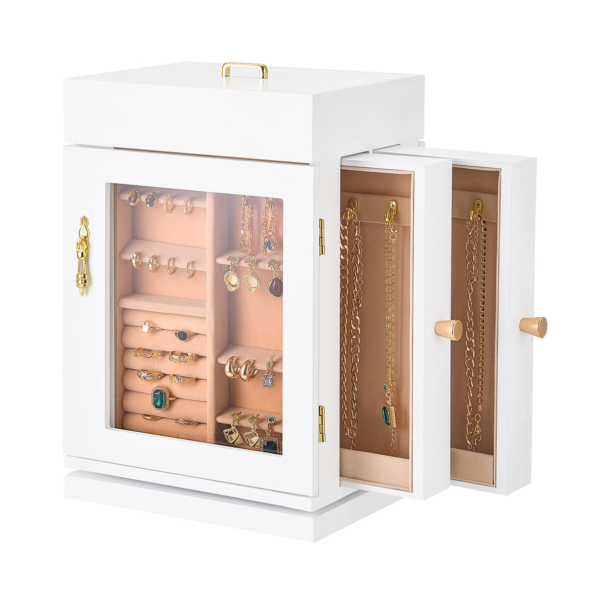 Jewelry Box 360° Rotating Jewelry Organizer with Built-in 4 Necklace Hooks White
