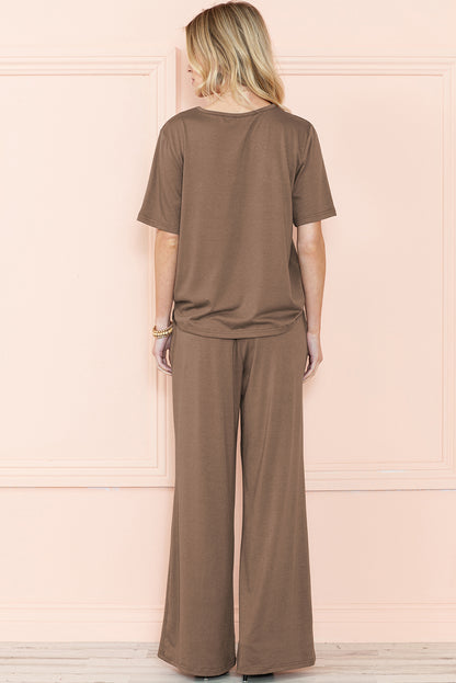 Smoke Gray Solid Color T-Shirt and Wide Leg Pants Set - Eloy Royal