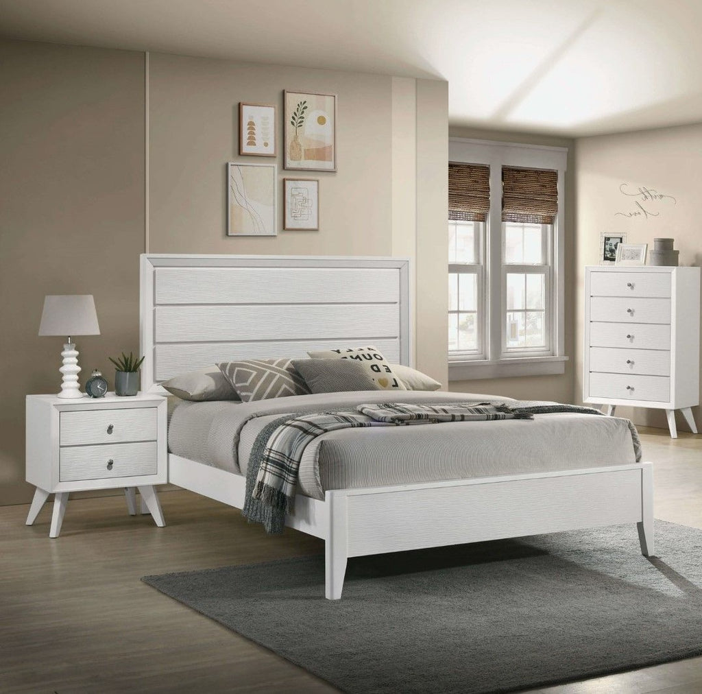 White Queen Size Bed 2x Nightstands Wave Texture Panel HB Bedroom Furniture Contemporary 3pc Set