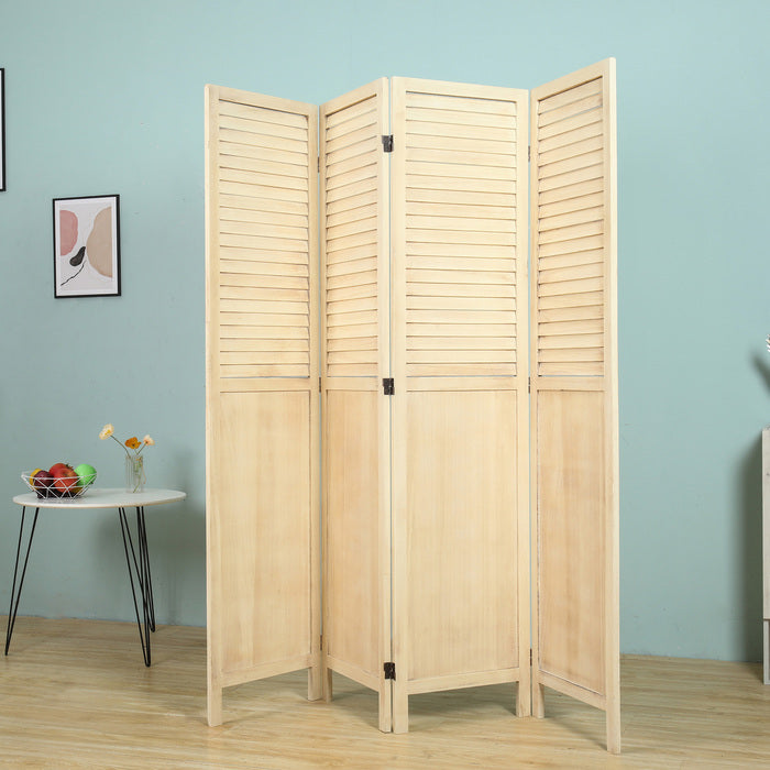 Natural 4 Panel Foldable Room Divider, Rustic Wood Window Shutter Style Room Divider