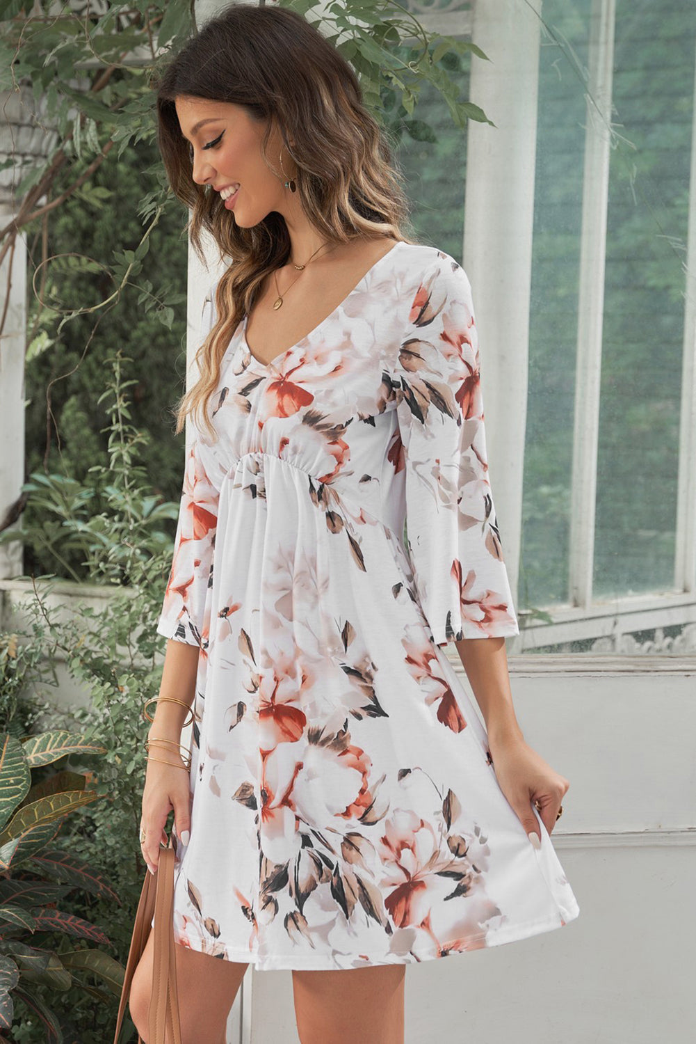 White Floral Print V Neck Flutter Half Sleeve Empire Waist Dress - Eloy Royal