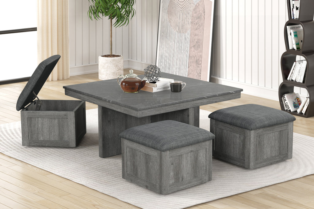 5PC Gray Coffee Table Set Square Shape Coffee Table Faux Marble Top  Lift Top 4 Stool Storage MDF, Faux Marble, Rubber Wood, Fabric Grey Finish