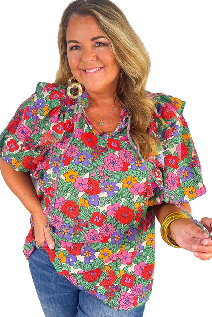 Multicolor Plus Size Floral Print Ruffle V Neck Bubble Sleeve Blouse - Eloy Royal