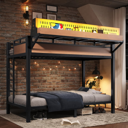 Twin XL over Twin XL Size Metal Bunk Bed with Storage Shelves and Pegboard, Bunk Bed Frame with USB Ports and LED Lights, Space-Saving, for Teens and Adults, Natural