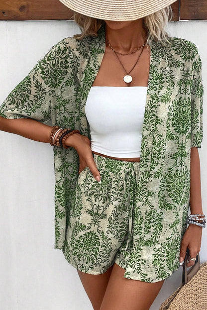 Green Floral Open Front Shirt and Drawstring Shorts Set - Eloy Royal