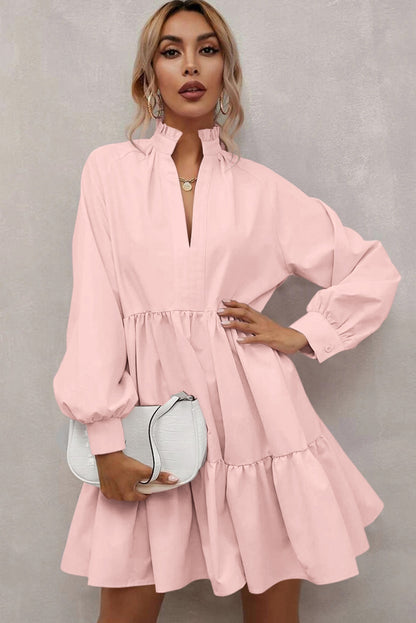 Pink Casual Stand V Neck Short Frill Dress - Eloy Royal