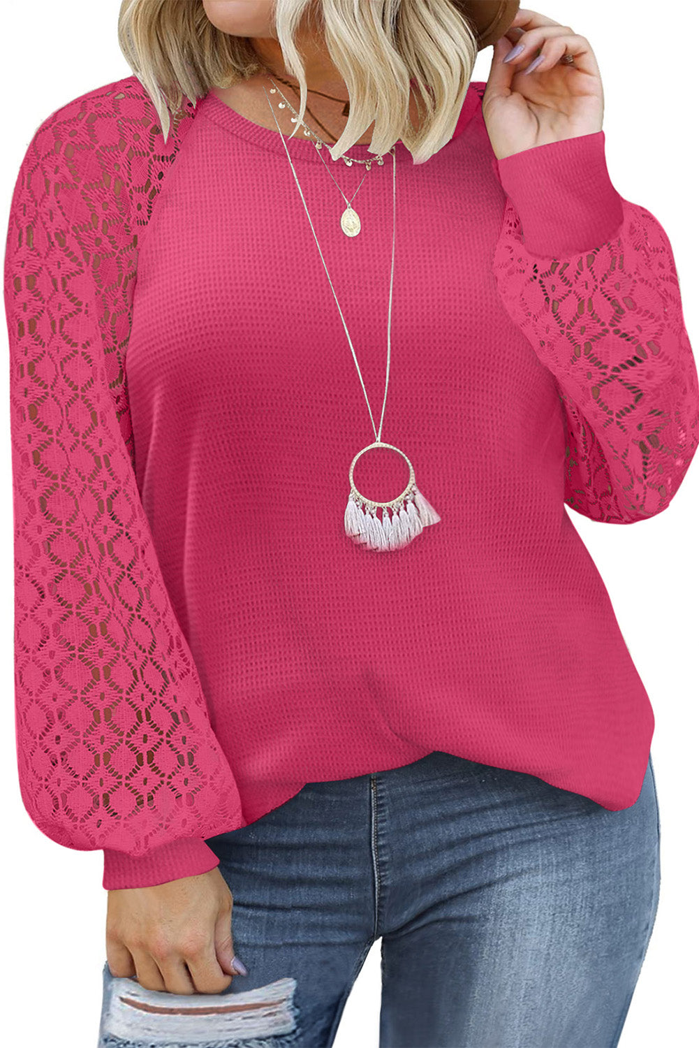 Strawberry Pink Plus Size Contrast Lace Sleeve Waffle Knit Top - Eloy Royal