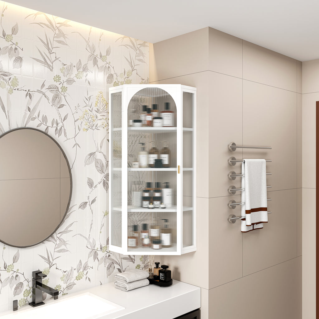 Glass Door Wall Mounted Corner Cabinet with Featuring Four-tier Storage for Bedroom, Living Room, Bathroom, Kitchen, White(same sku:W757130160)