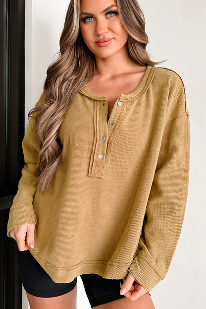 Camel Waffle Drop Shoulder Oversized Henley Top