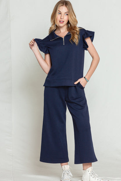 Navy Blue Textured Ruffle Cap Sleeve Top And Wide Leg Pants Set - Eloy Royal