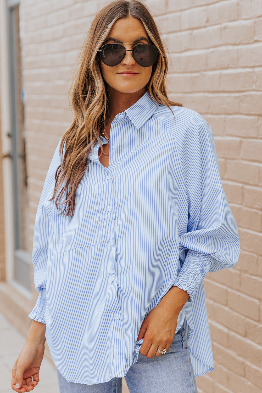 Light Blue Striped Casual Shirred Cuffs Shirt - Eloy Royal