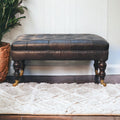 Solid Wood Buffalo Leather Upholstered Ottoman with Castor Legs, Ash Black