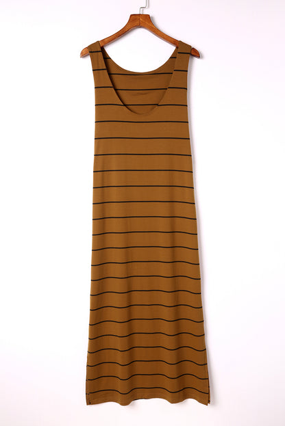 Black Stripe Print Open Back Sleeveless Maxi Dress With Slits - Eloy Royal