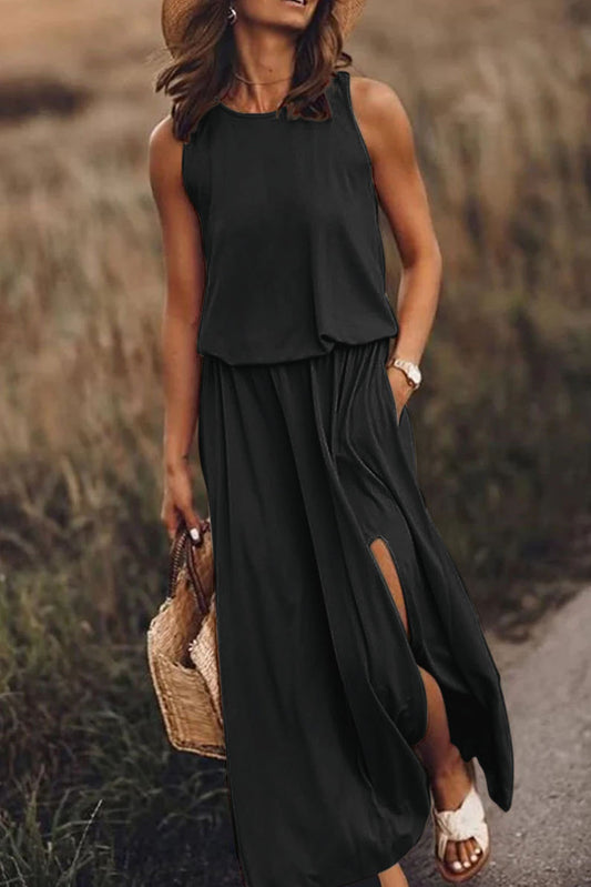 Black Solid Split Sleeveless Tunic Maxi Dress - Eloy Royal