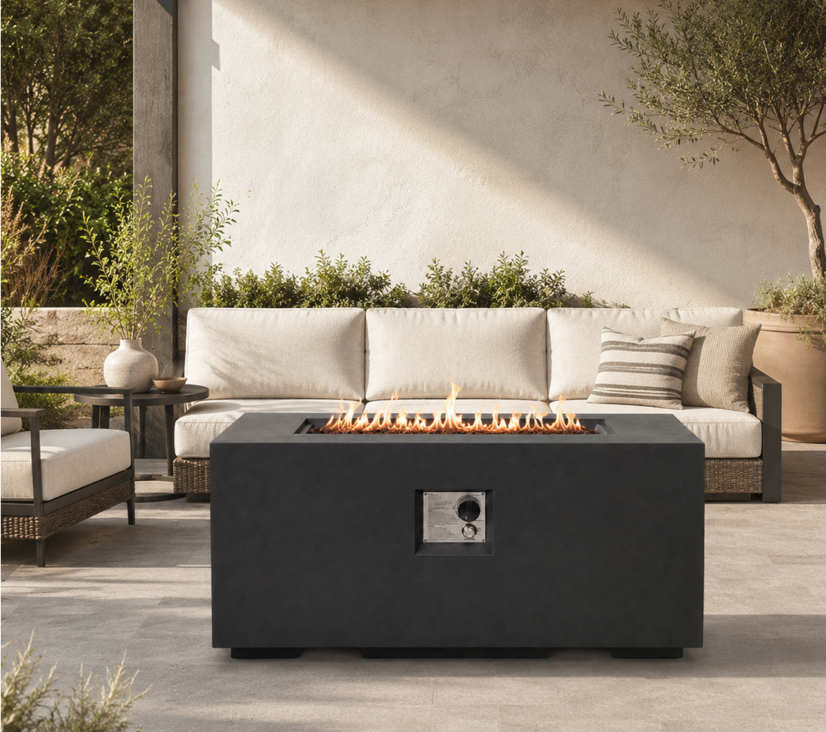 42-inch Outdoor Fire Pit Table, 50,000 BTU Propane Fire Pit, Lightweight Concrete Gas Fire Table with Lava Rocks, Burner Lid & Waterproof Cover, Rectangular Firepit for Patio Garden