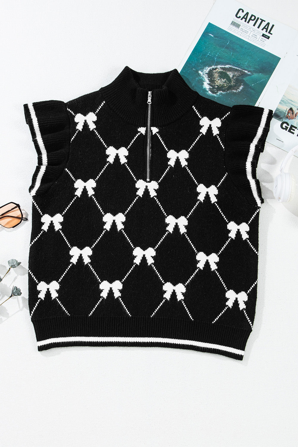 Black Preppy Bow Print Zipped Collar Knit Top