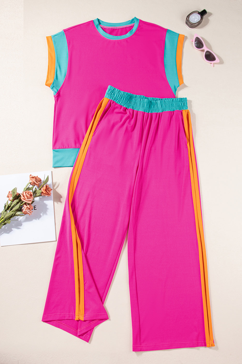 Strawberry Pink Colorblock Cap Sleeve Tee and Wide Leg Pants Set - Eloy Royal