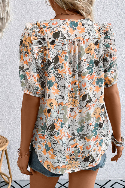 Multicolor Split V Neck Puff Sleeve Floral Print Blouse - Eloy Royal