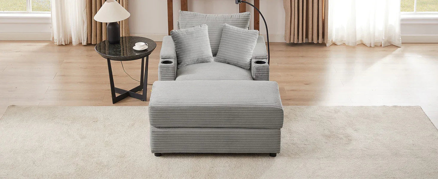Modern Style Single Sofa Couch with Storage, USB Ports, Cup Holders, and Phone Holder, Grey Corduroy, 41.7' - Eloy Royal