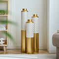 Decorative Metal Vases Set of 3, Gold and White Hexagonal Pattern Floor Vases, 32.6 28.34 24 Inch Tall for Home Decor, Modern Farmhouse or Glam Living Room Entryway Centerpiece (5.59in Base)