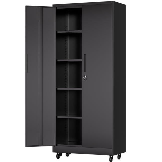 Heavy Duty Rolling Metal Cabinet with Lock, 71 inch Garage Storage Cabinet, 4 Adjustable Shelves (180lb Each), Black, for Tool Organization in Garage, Workshop, Office