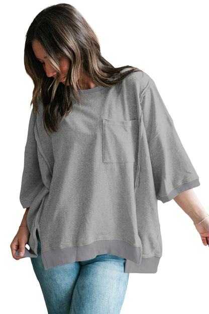 Bonbon Exposed Seam Pocket Side Split Loose T Shirt - Eloy Royal