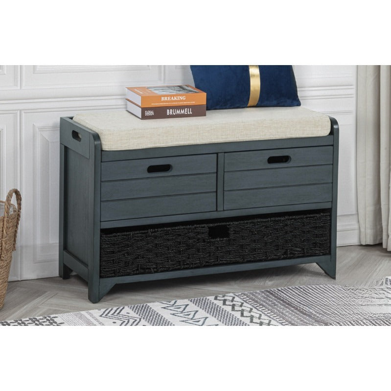 Storage Bench with Removable Basket and 2 Drawers, Fully Assembled Shoe Bench with Removable Cushion, Gray