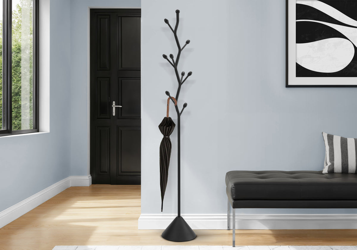 Coat Rack, Hall Tree, 8 Hooks, Entryway, 72'h, Bedroom, Black Metal, Contemporary