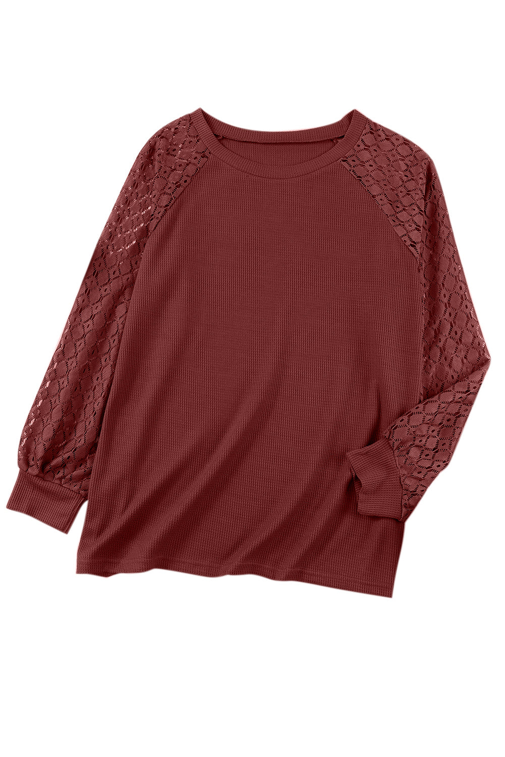 Strawberry Pink Plus Size Contrast Lace Sleeve Waffle Knit Top - Eloy Royal