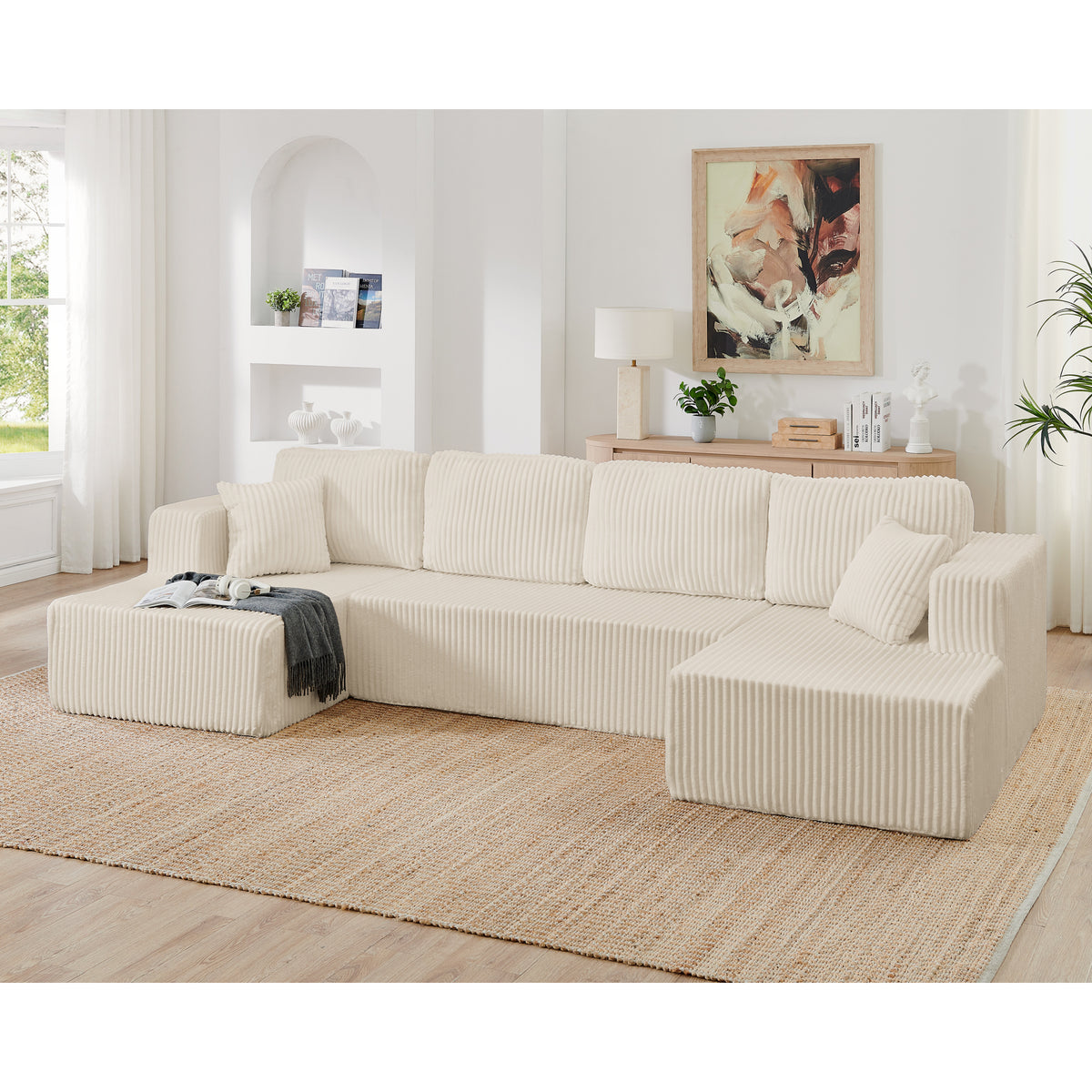 U shape Modular Sectional Sofa, Compressed Sectional Sofa Modern Minimalist Style Corduroy Couch, Sleeper Sofa for Living Room, Bedroom, Comfy Compressed Sofa Couch Space-Efficient Design-beige