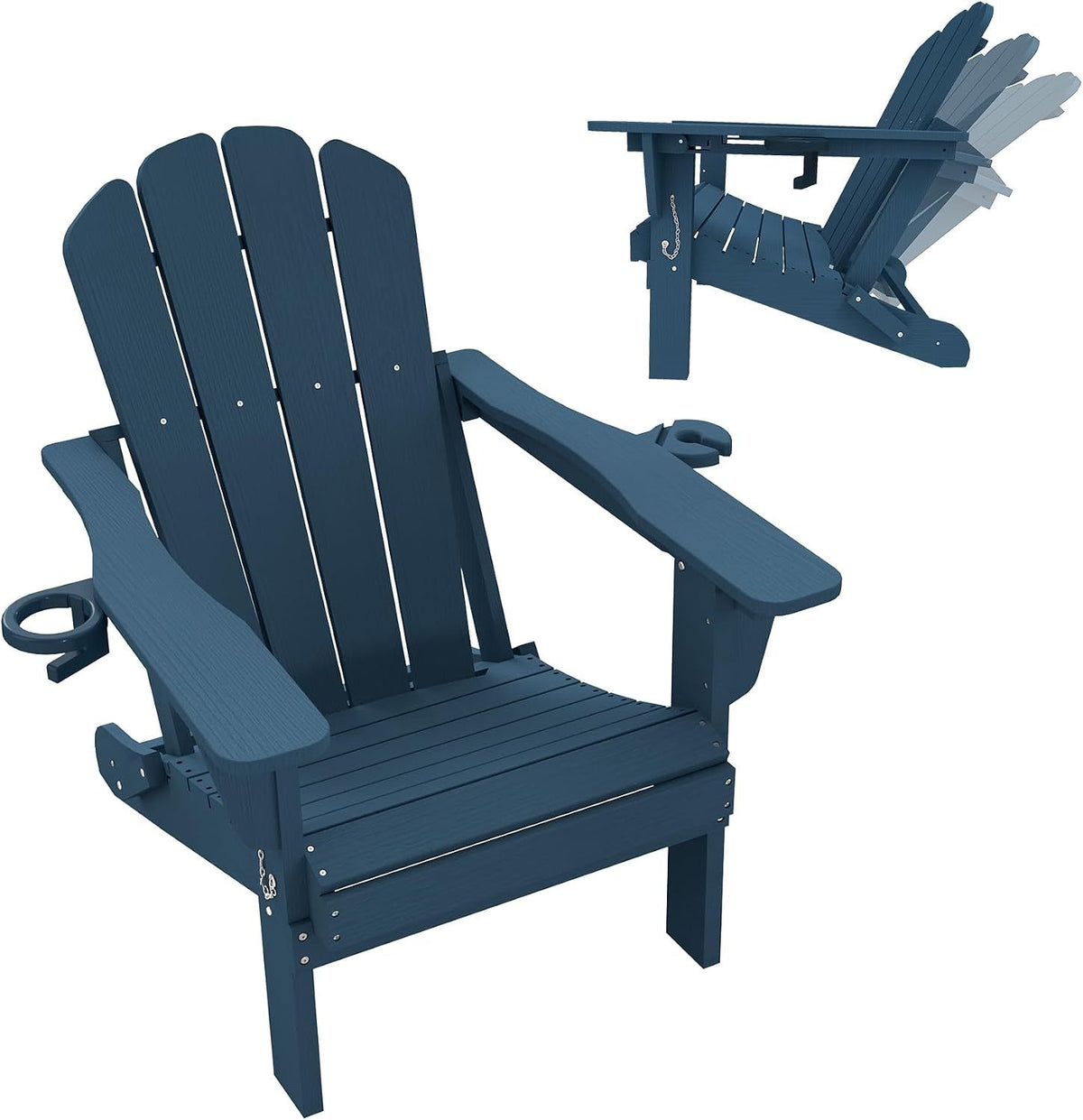 Adjustable HDPE Adirondack Chair, Blue, 3-Position Reclining ,Foldable, Cup & Phone Holders, All-Weather Outdoor