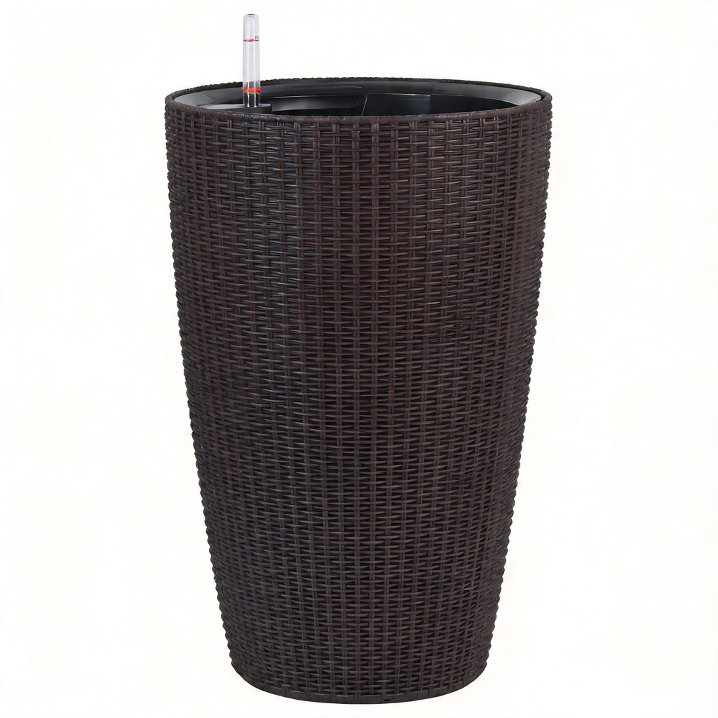 Faux Rattan Tall Planters Set of 2 with Water Level Monitor and Automatic Watering, Brown, 22 Inch