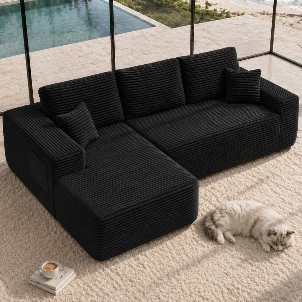 104' Cloud Sectional Sofa with L-Shape Chaise and Side Pockets , Modern Modular Design, Deep Seating, Upholstered Couch for Living Room/Bedroom, No Assembly Required (Plush Fabric), Black, Left-facing