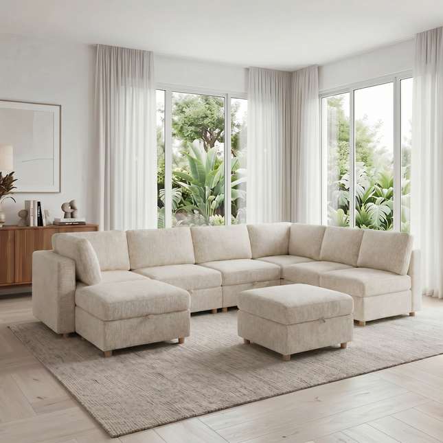 Modular sectional sofa seat, convertible sofa with storage, multifunctional folding fabric sofa set, 8 seater sofa (Beige)
