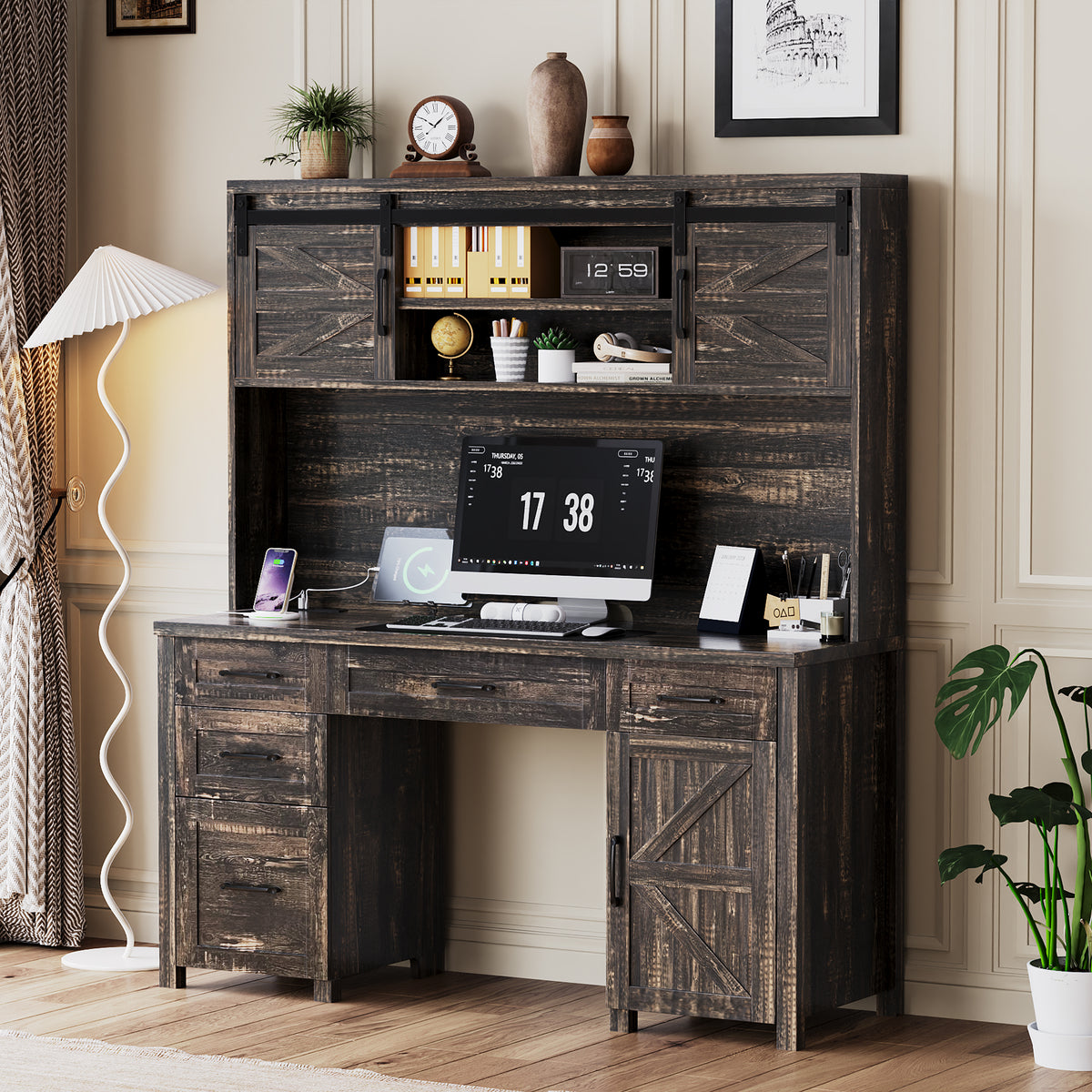 Farmhouse Executive Desk with Hutch and Charging Station, Computer Desk with 2 Sliding Barn Doors, 5 Drawers & Storage Cabinet with 3-Position Adjustable Shelf, Desk for Home Office, Rustic Gray