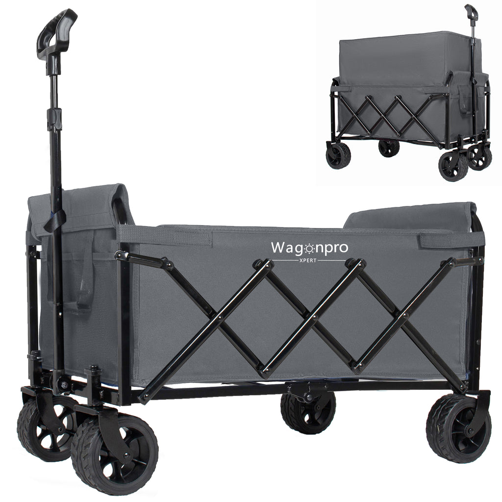 Upgraded 5*2' Wide Wheels-Expandable Dual-Layer Utility Wagon with 100% Extra Space, 220lbs Capacity Grocery Cart for Camping, Shopping, Sports, Gardening, Fishing, Gray