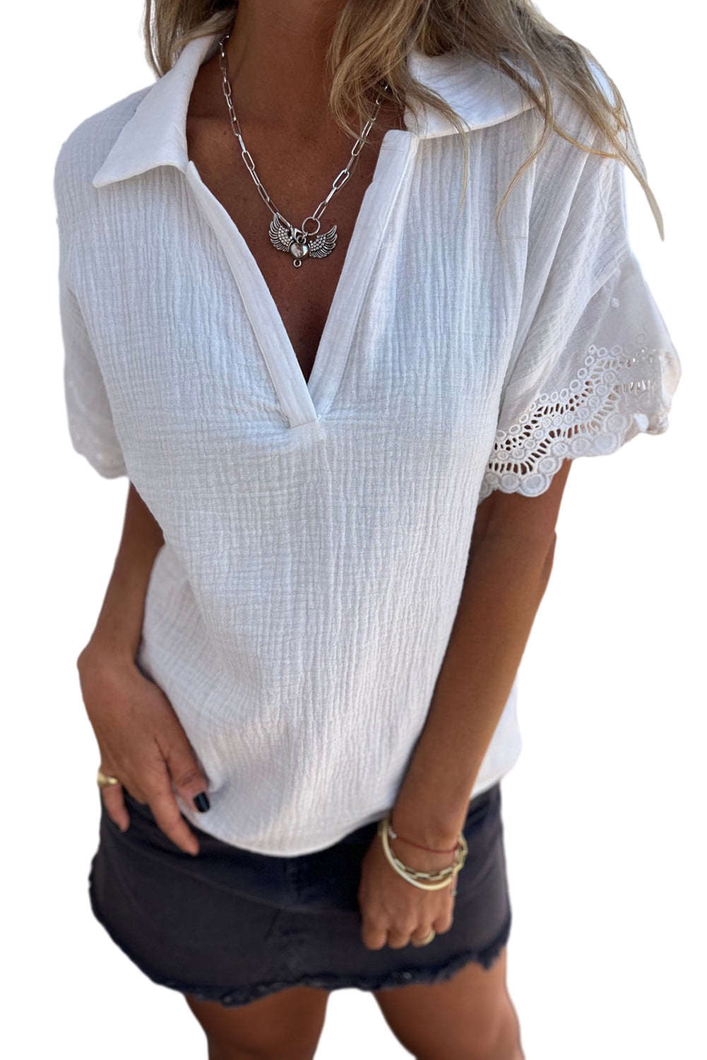 White Crinkled Lace Splicing Sleeve Collared V Neck Blouse - Eloy Royal