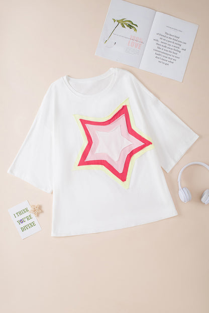 Light Pink Colorblock Star Patched Half Sleeve Oversized Tee - Eloy Royal