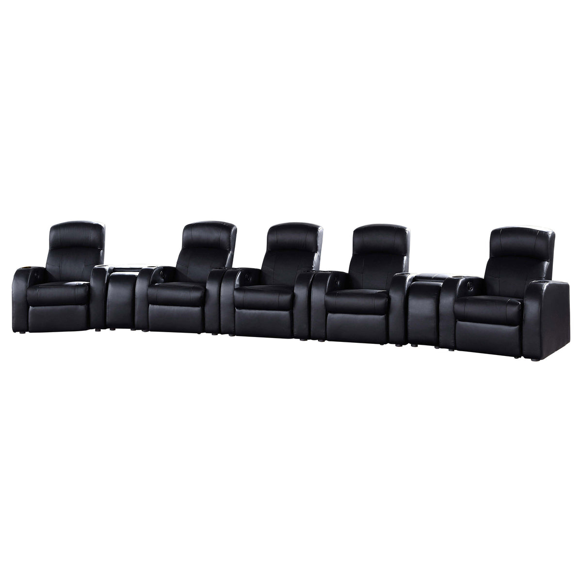 Franky Cyrus Black 7-Piece Seater Home Theater Set with Top-Grain Leather, Modern Design, Reclining Chairs & Storage Consoles