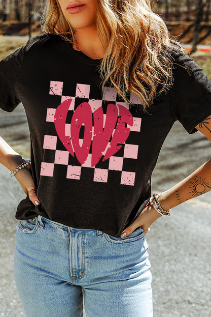 Black Checkered Graphic LOVE Print Crewneck Tee