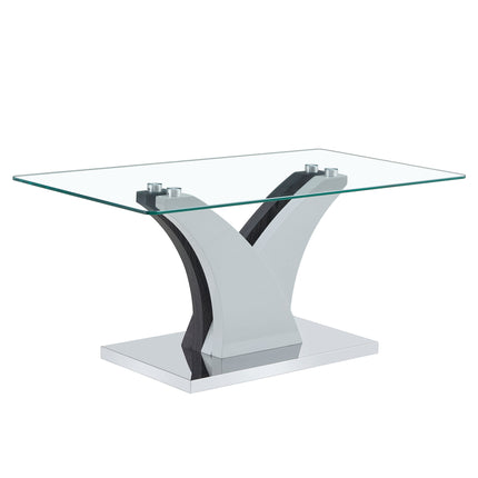 Artistic Rectangular Coffee Table with Tempered Glass Countertop and MDF Legs in White and Gray