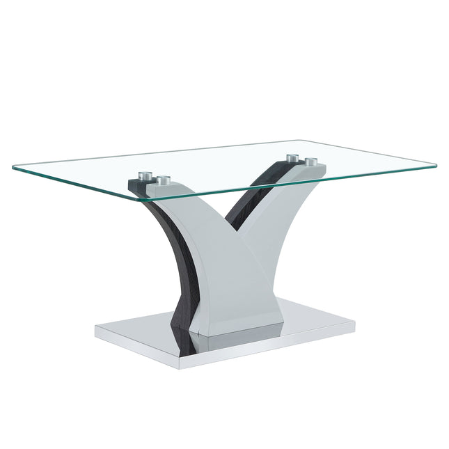Artistic Rectangular Coffee Table with Tempered Glass Countertop and MDF Legs in White and Gray