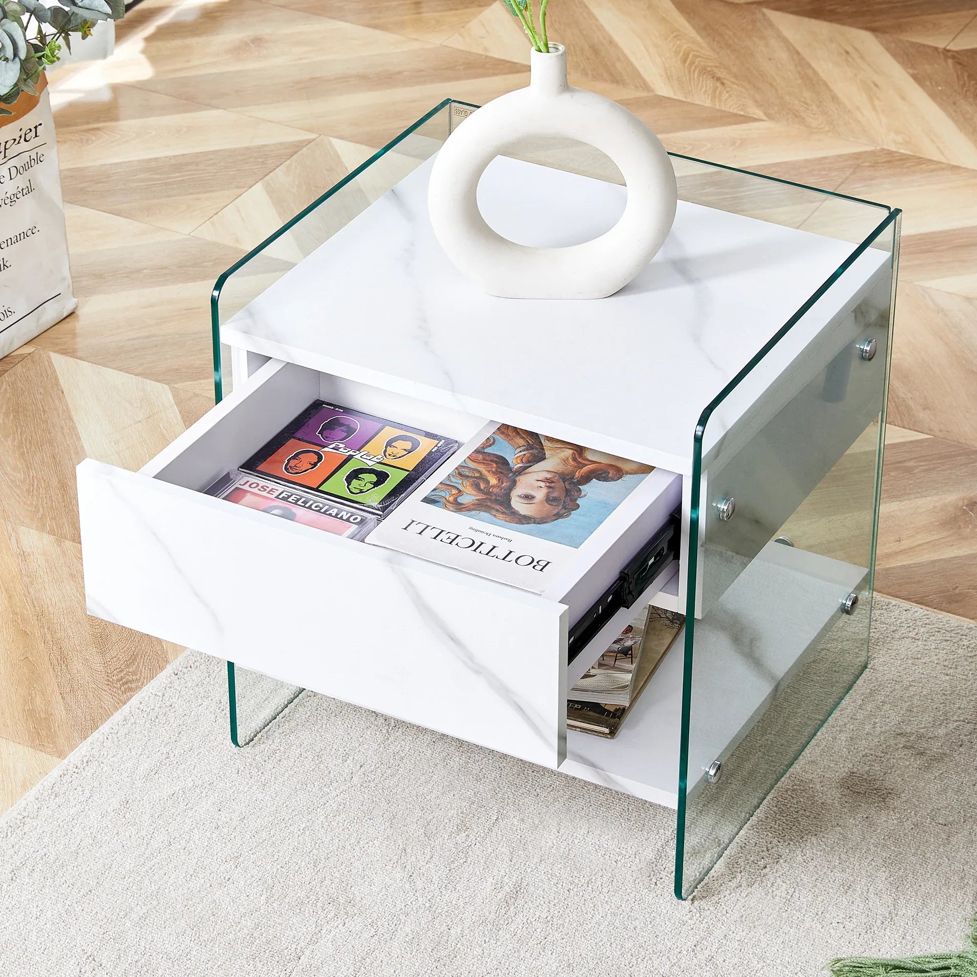Bedside table with drawers. The board surface is MDF sticker, and both sides are transparent tempered glass. The design is simple and elegant, with excellent storage functions. - Eloy Royal