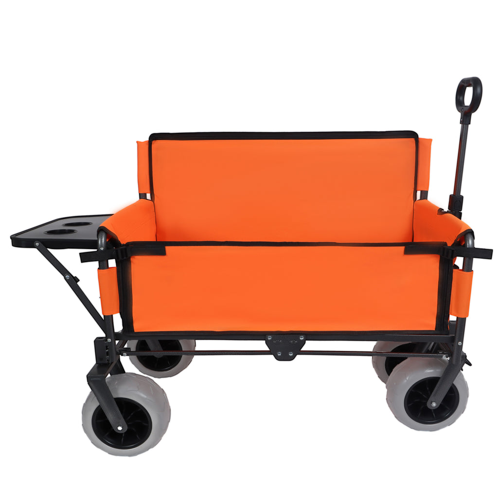 Orange 3-in-1 Folding Wagon with Bench Seat & Rear-Mounted Tabletop – 500lbs Capacity, 9x4 Inch Beach Tires, Carbon Steel Frame
