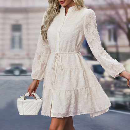 Lace Tied Long Sleeve Dress Fashion Medium Length Dresses Womens Clothing